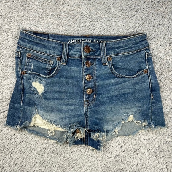 American Eagle Shorts Womens 2 Hi Rise Shortie Super Stretch Exposed Distressed - Picture 1 of 5
